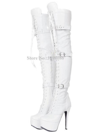 Luxury Rhinestone Studded Woman Sexy Over the Knee Booties Lace Up Stiletto High Heels