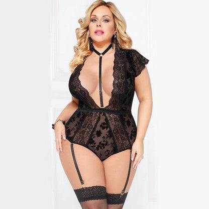 Sexy Plus Size Bodysuits For Sex Women Wetlook Lace Teddy Choker Neck Backless Deep V Body Suit Lingerie