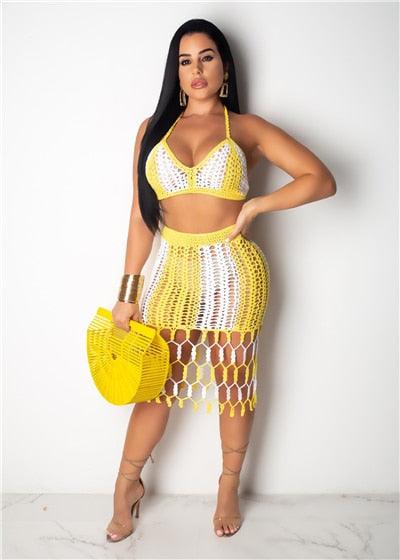 T-BOO Hand Crochet Patchwork Beach Dress Two Piece Set Hollow Out Bra Top Bodycon Mini Skirt Hot Girl Summer Women Clothing