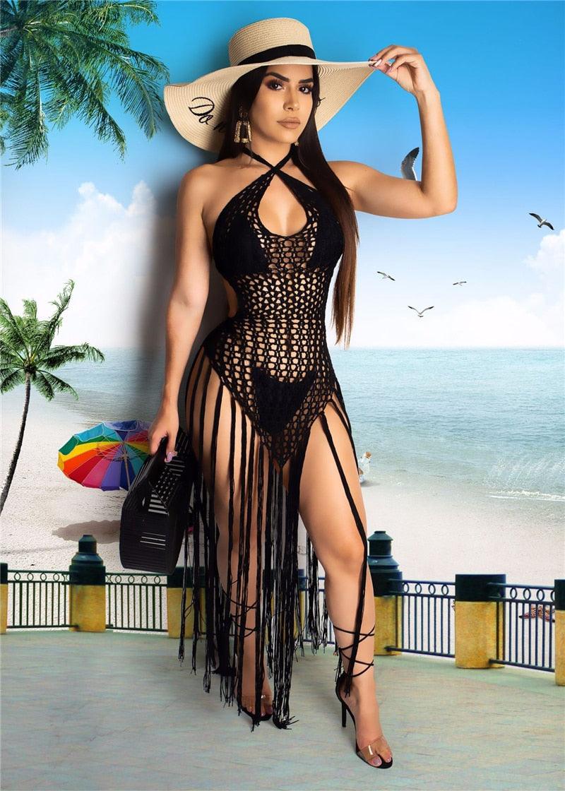 T-BOO  Crochet Fishnet Tassel Beach Dress Sexy Fashion Backless Halter Maxi Dress for Women Tunic Swimwear Outfits