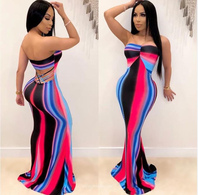 Women Sexy Colorful Striped Strapless Long dress Dress Backless Gradient Dress