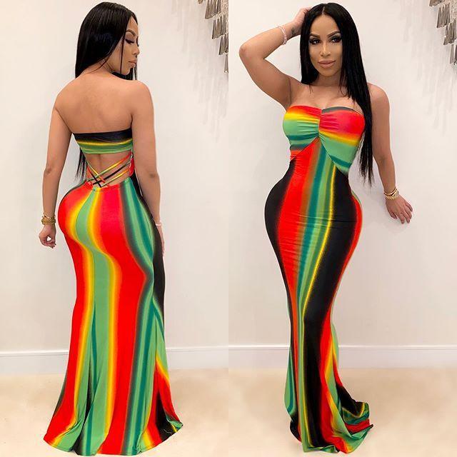 Women Sexy Colorful Striped Strapless Long dress Dress Backless Gradient Dress
