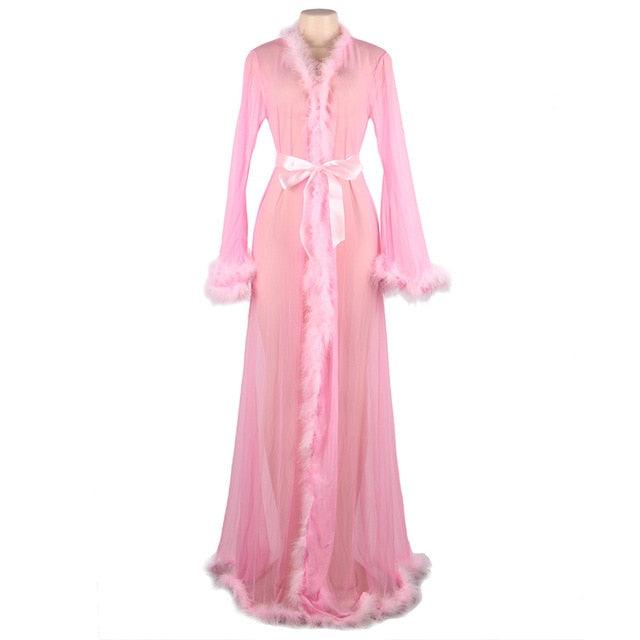 Plus Size Long Robe Sheer Sexy Lingerie Women Transparent Dessous Sexy Hot Erotic Underwear With Fur
