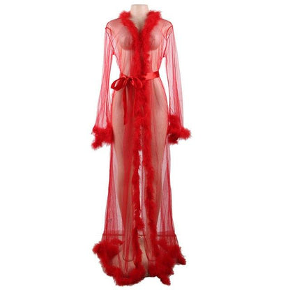 Plus Size Long Robe Sheer Sexy Lingerie Women Transparent Dessous Sexy Hot Erotic Underwear With Fur