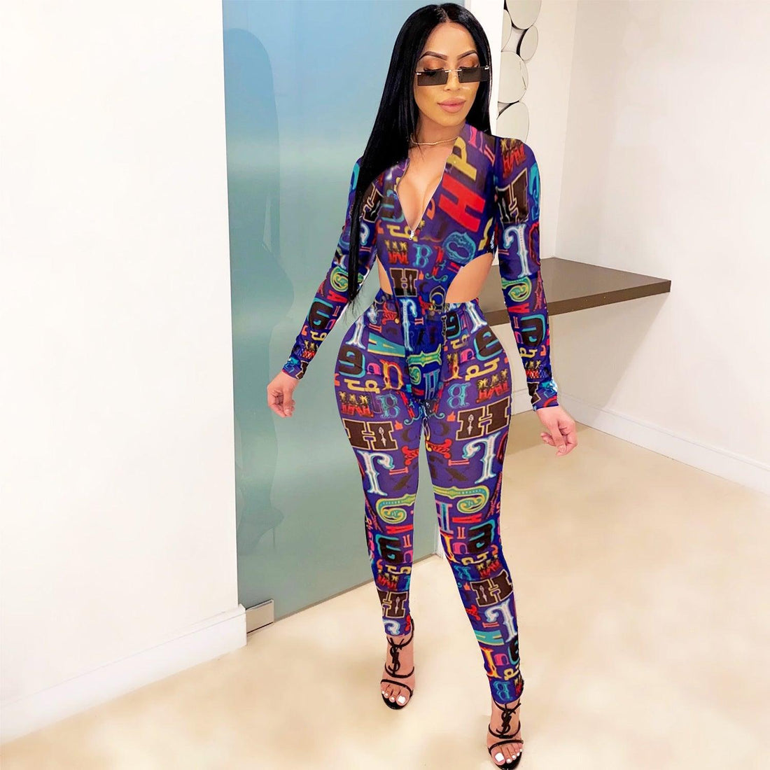 Sexy Hot Colorful Bodysuit with transparent pant set Letter Print Set Deep V-Neck 2 Piece Outfits Long Sleeve Bodysuit and Pants set