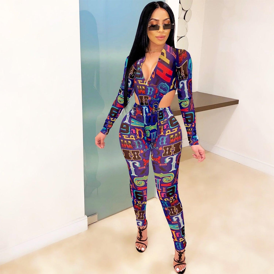 Sexy Hot Colorful Bodysuit with transparent pant set Letter Print Set  Deep V-Neck 2 Piece Outfits Long Sleeve Bodysuit and Pants set