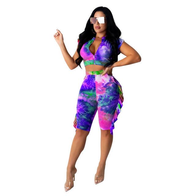 Women Tie Dye Ruffles Short Sets Sexy Sleeveless Crop Top with Zipper + Skinny Knee Pants Summer Fashion Biker 2 Pieces Shorts