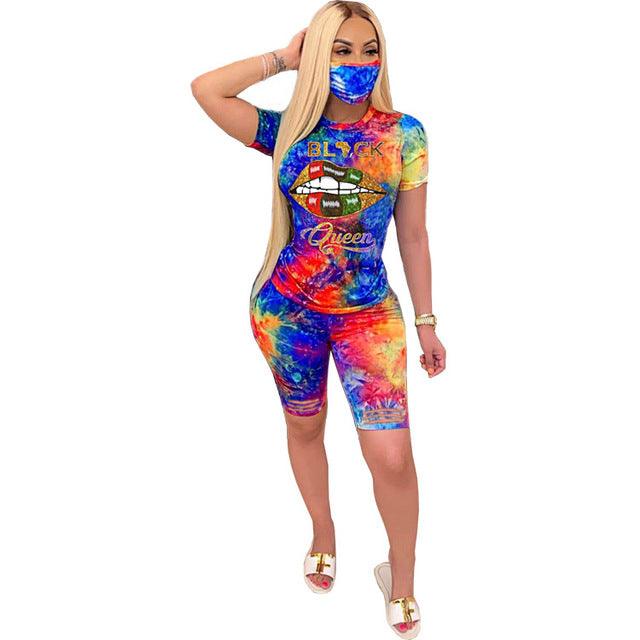 Women Summer Tie-Dye Queen Lips 2 Piece Set Casual Tracksuit Tee Tops and Matching Shorts Set