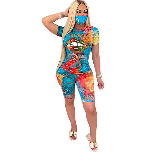 Women Summer Tie-Dye Queen Lips 2 Piece Set Casual Tracksuit Tee Tops and Matching Shorts Set