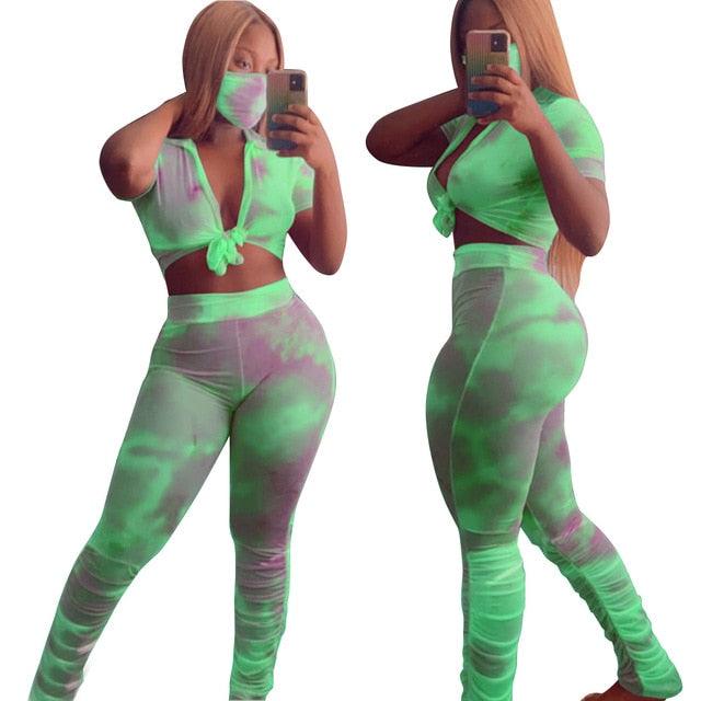 Women Tie-Dye 2pcs Print Set With Mask CropTops and Pants Suit Two Piece Set Street 2Pcs Outfit