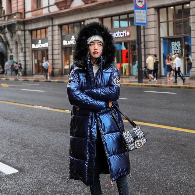 Women Long Oversized Down Parka jackets thick with fur hood winter female down coats hooded solid piumini donna