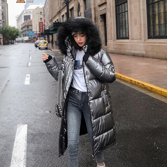 Women Long Oversized Down Parka jackets thick with fur hood winter female down coats hooded solid piumini donna