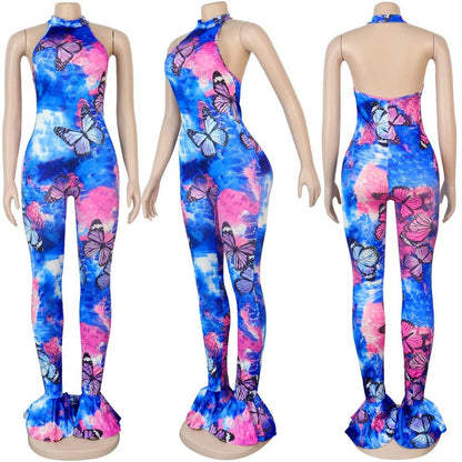 Sexy Halter Butterfly Print Flare Pants fashion Jumpsuit Women Tracksuit Rompers