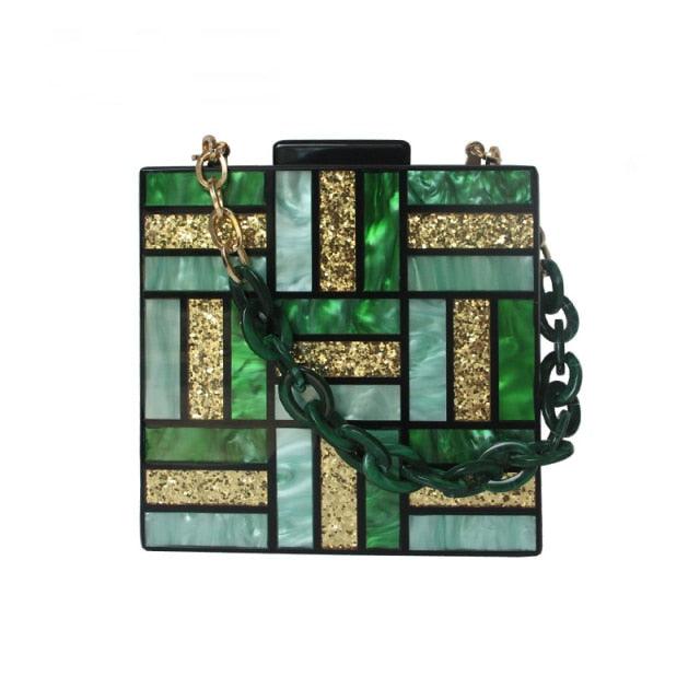 T-BOO  Fashion Evening Bag Cute Green Gold Acrylic Chain Handbags Women Luxury Square Party Wedding Bags Casual Vintage Box Clutch