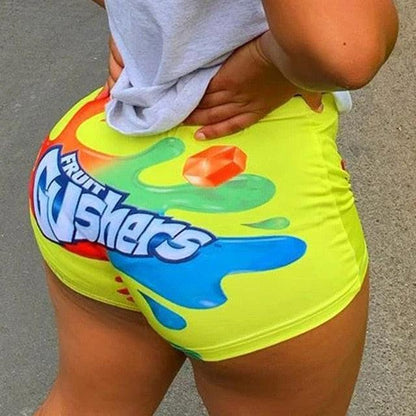 Women Sexy Tootie Fruity Juicy Fruit Printed Tight Shorts Casual Shorts High Waisted Skinny Slim Sports Bottoms REGsizes SMALL- plus size UP TO 4XL