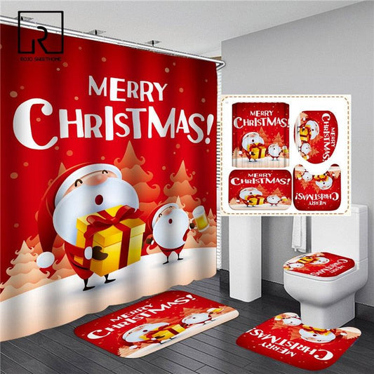 Red Christmas Shower Curtains Set with Rug Carpet Waterpeoof Bathtub Bathroom Screen Toilet Partition Festival Decoration