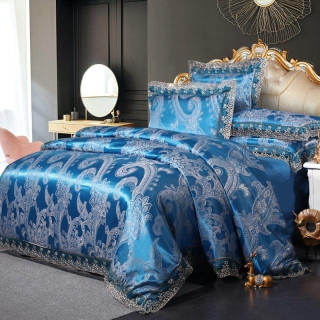 Luxury Satin Silky bedding set 4pcs gold silver color cotton lace duvet cover sets bedsheet queen/king size 4Pcs bed set