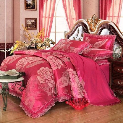 Luxury Satin Silky bedding set 4pcs gold silver color cotton lace duvet cover sets bedsheet queen/king size 4Pcs bed set