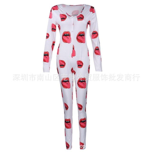 Womens Sexy Onesies Jumpsuit Cartoon print Sleepwear long Sleeve Romper Bodycon Jumpsuit Bodysuit