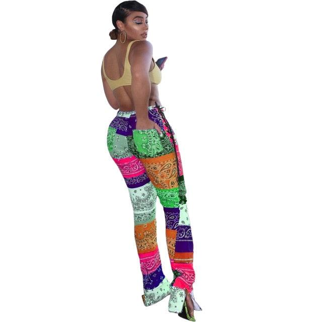 Women Print Patchwork Side straps Flare Slit Pants Fashion patchwork paisley strappy split Trousers Draped Streetwear