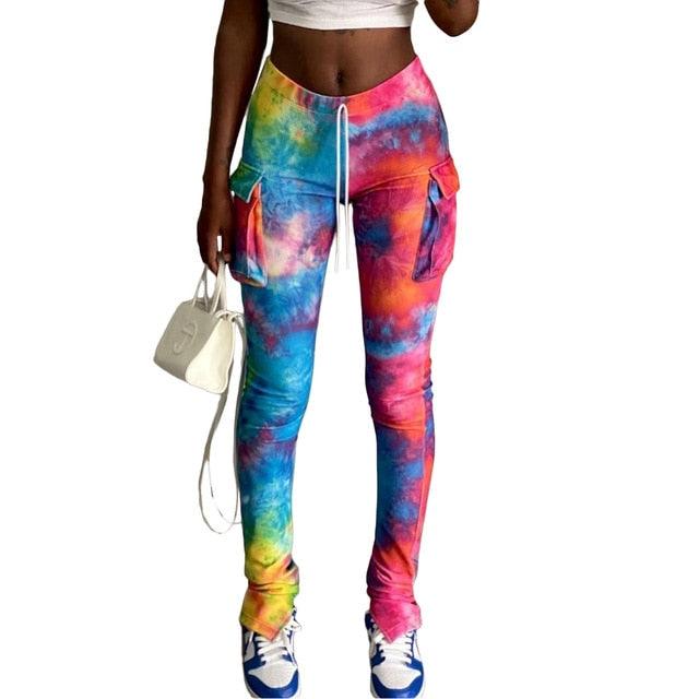 Tie-Dye Print Sports Flare Pants With Pocket Stacked Draped Jogger Sweatpants