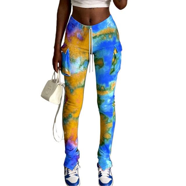 Tie-Dye Print Sports Flare Pants With Pocket Stacked Draped Jogger Sweatpants