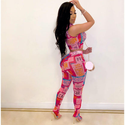 Hot Pink Tracksuit Women 2 Piece Set 2020 Sleeveless Zipper Crop Top and Skinny Long Pants Club Outfit Casual Streetwear