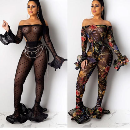 Women Long Sleeve Sexy Two Piece Sets Mesh Backless Bodysuit Jumpsuit +Long Pants Bodycon Mesh Bodycon Outfits Women Club Sets