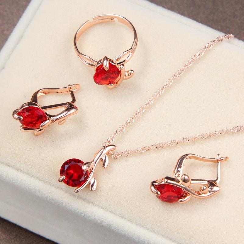 Women Jewelry Sets Charm red Crystal Round Pendant Necklaces Earrings Sets Shininy Zircon bijoux femme jewerly