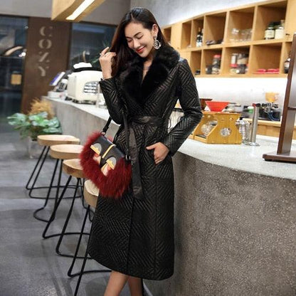 Women Natural Real Sheepskin Leather Coat Extra long With Real Mink Fur Collar 100% Real Genuine Sheepskin Leather