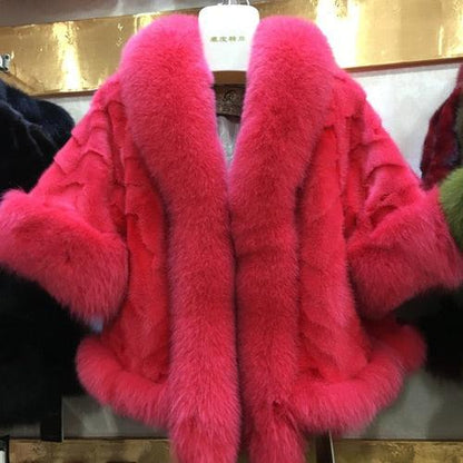 New Women Fashion Real Mink Fur Short Poncho Coat With Real Fox Collar 100% Real Natural Mink Fur And Fox Fur Shawl Overcoat
