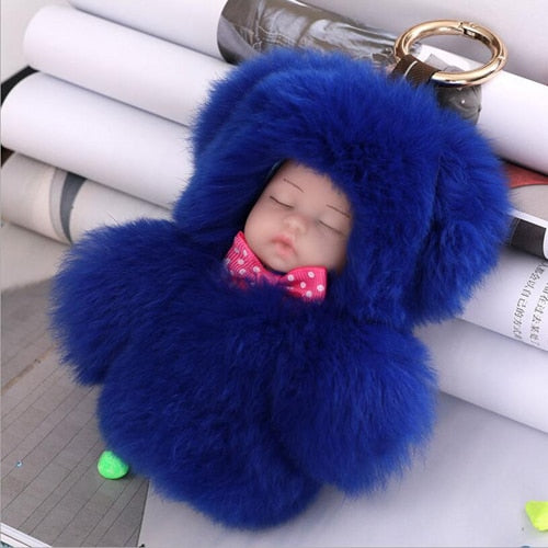 Cute Sleeping Baby Doll 13cm Key Chain Real Rabbit Fur Keychain Fluffy PomPom Keyring for Bag Accessory Pendant
