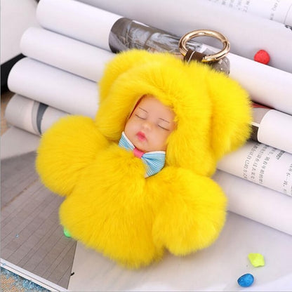 Cute Sleeping Baby Doll 13cm Key Chain Real Rabbit Fur Keychain Fluffy PomPom Keyring for Bag Accessory Pendant