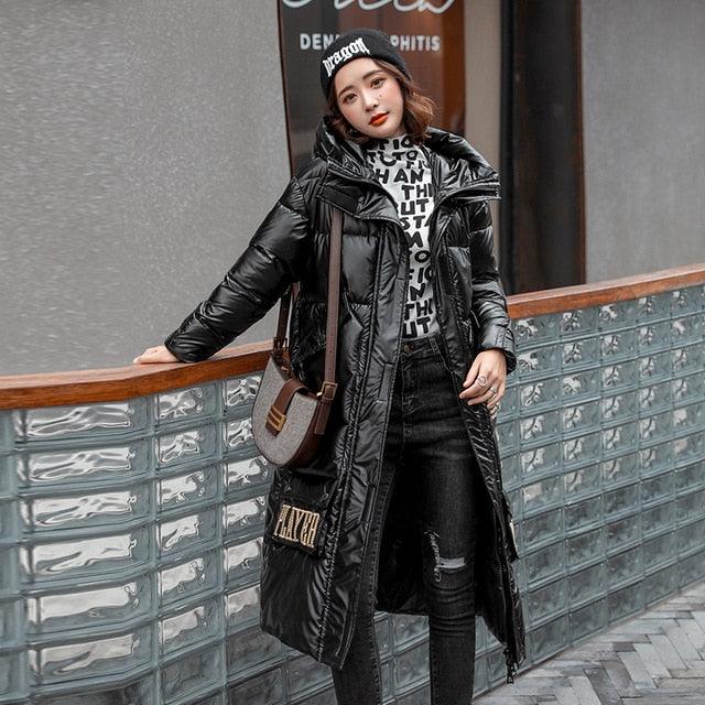 Women Long Winter Coat with Hood Women's Parkas Shiny Female Coat Plus Size Hooded Stand Collar With Zipper