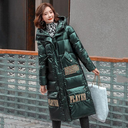 Women Long Winter Coat with Hood Women's Parkas Shiny Female Coat Plus Size Hooded Stand Collar With Zipper