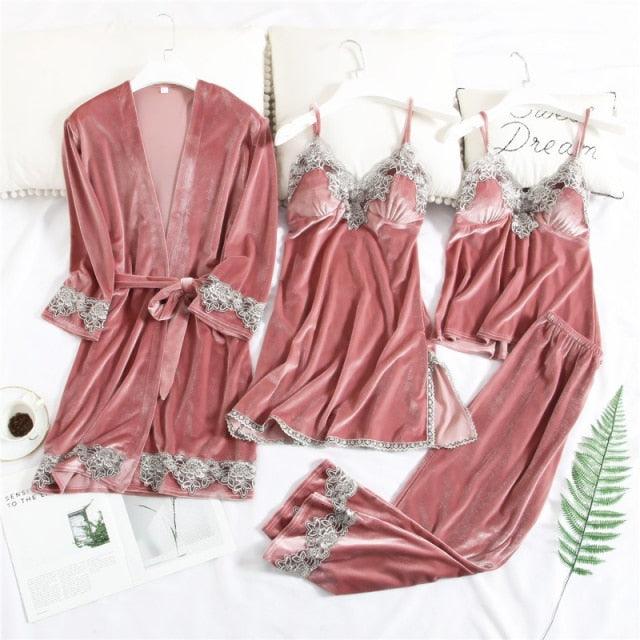T-BOO Women Velvet Pajamas Set 4 Pieces Sexy  Warm Lace Winter Sleepwear Sling Nightdress Homewear Plus Size Robe