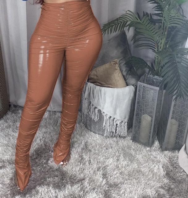 PU Leather Pants Thick Fleece Warm Ruched PleatedStacked Pants Flare Split Trousers Club Legging Partywear