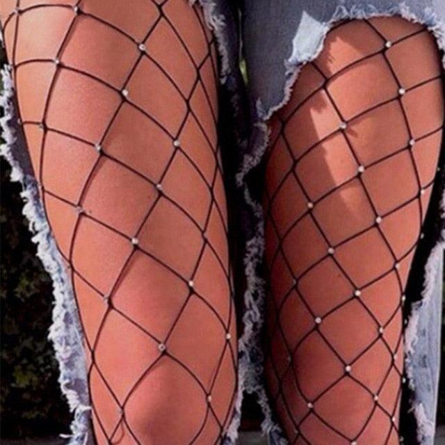 Fishnet Tights Bedazzled Crystal Rhinestone Netted Stockings Diamond Bling Hosiery Body Stocking Pantyhose
