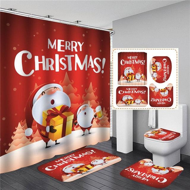 Red Christmas Shower Curtains Set with Rug Carpet Waterpeoof Bathtub Bathroom Screen Toilet Partition Festival Decoration