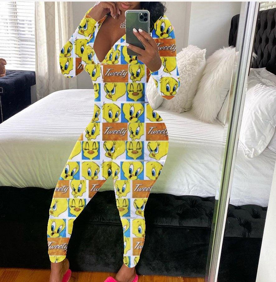 Sexy Winter Women Onesies Ladies Long Sleeve V-neck Bodycon cartoon pattern Bodysuit Pajamas Romper Jumpsuit Nightwear