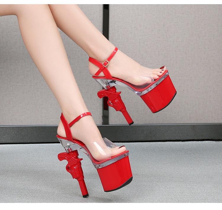 Sexy Red High Heels Shoes Pistol Design High Heel Shoe Fashion Stripper High Heel  Platform Sandals  Transparent Strip Pole Dancer shoes Pistol Heel Size 43