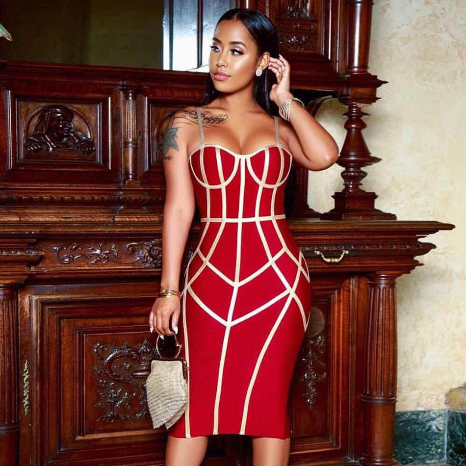 T-BOO Bodycon Women New Summer Bandage Dress Sexy Spaghetti Strap Sleeveless Club Knee Length Celebrity Evening Party Dress