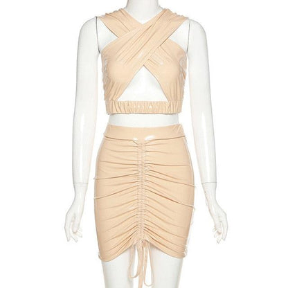 Sexy 2021 Women PU Leather Two Piece Set Hollow Out Cross Halter Crop Top Drawstring Mini Skirt Set