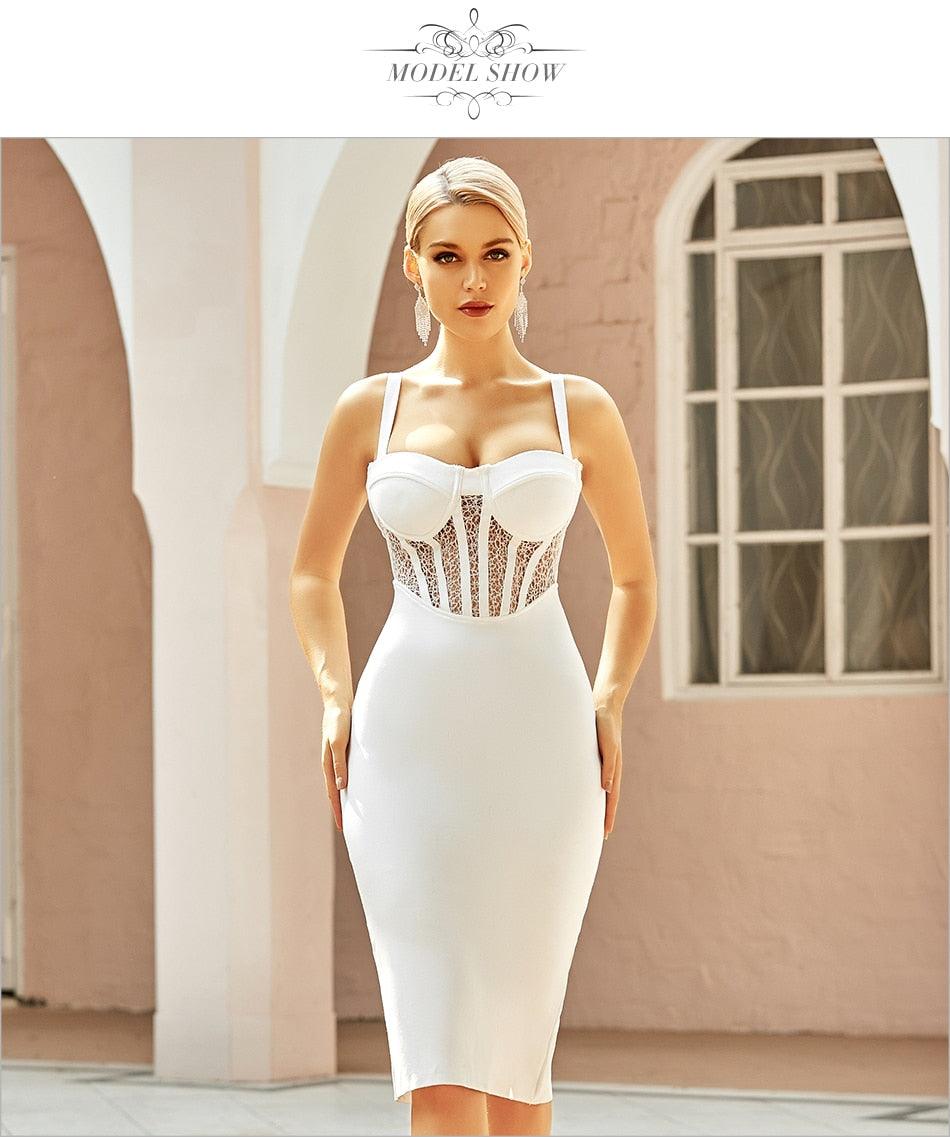 T-BOO White Lace Bandage Dress 2021 Sleeveless Celebrity Evening Club Party Lady Dresses New Sexy Spaghetti Strap Dress