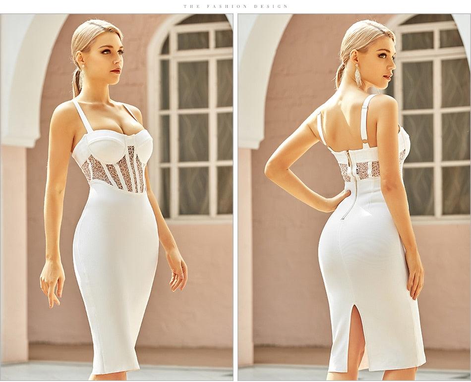 T-BOO White Lace Bandage Dress 2021 Sleeveless Celebrity Evening Club Party Lady Dresses New Sexy Spaghetti Strap Dress