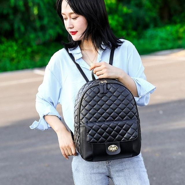 Luxury Black Backpack Women PU Leather Plaid School BookBag PU Leather Knapsack Large Capacity Backpack