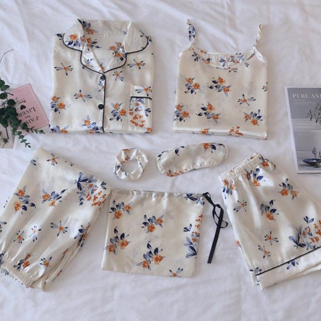 Women Pajamas Set 7 Pieces Faux Silk Printing Satin Pajamas For Woman Sleepwear