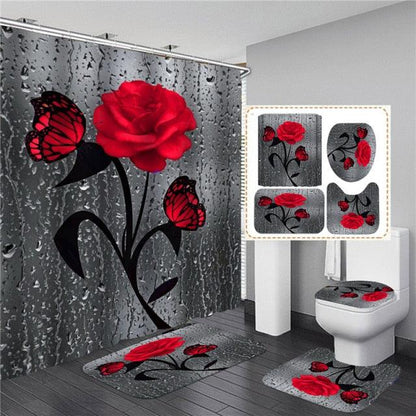 3D Shower Curtain Rose Print Waterproof Polyester Bathroom Curtain Anti-slip Bath Mat Set Toilet Rugs Carpet Home Decor 5 Colors