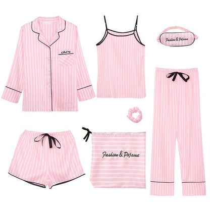 Women Pajamas Sets  7 Pieces Pink Faux Silk Striped Pajama Women Sleepwear Sets Housewear