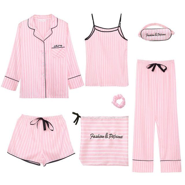 Women Pajamas Sets 7 Pieces Pink Faux Silk Striped Pajama Women Sleepwear Sets Housewear